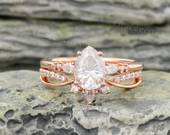 Birnenförmige Moissanit Verlobungsring Set Vintage Rose Gold Ring Diamant Braut Set Marquise Schnitt Twisted Ehering Versprechen Ringset