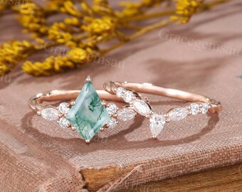 Kite Cut Moss Agate engagement ring set Vintage Rose gold Marquise Pear shaped Moissanite 3/4 eternity twisted wedding band promise ring
