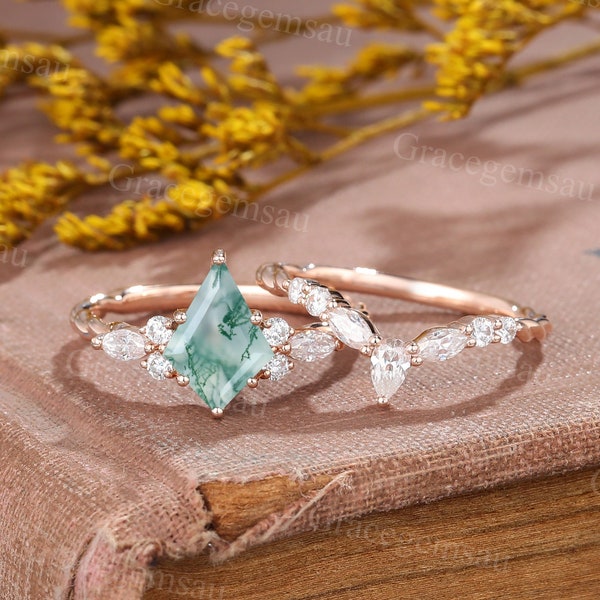 Kite Cut Moss Agate engagement ring set Vintage Rose gold Marquise Pear shaped Moissanite 3/4 eternity twisted wedding band promise ring