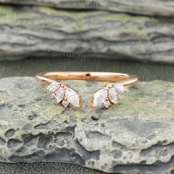 Marquise cut Open Curved wedding band Unique Rose gold Moissanite Wedding band Vintage Diamond ring Bridal Stacking ring Anniversary ring