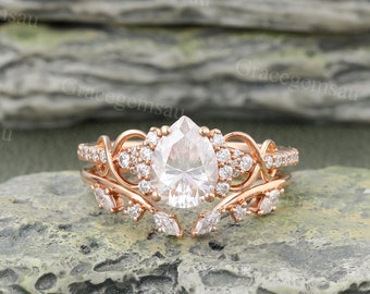 Pear shaped Moissanite engagement ring set Vintage Rose gold Marquise cut Diamond Open Curved ring set promise ring women anniversary gift