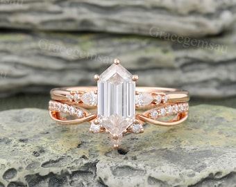 Long Hexagon Cut Moissanite Ring Set Unique Rose Gold Engagement Ring Set Pear Bridal Ring Art deco twist stackable ring Matching band set