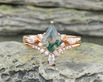Kite cut Green Moss ágata anillo de compromiso conjunto Vintage oro rosa anillo nupcial conjunto marquesa diamante banda de boda regalo de aniversario para las mujeres