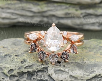 Moissanite Brautring Set Vintage Rose gold Verlobungsring Set Verlobungsring Rutilquarz Jubiläumsring Versprechen Ring