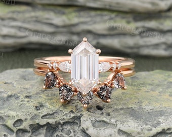 Long Hexagon cut Moissanite engagement ring set Vintage Rose gold Diamond Trillion cut Black rutilated quartz wedding band promise ring