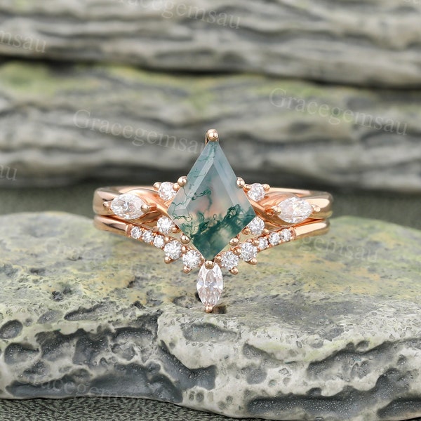 Ensemble de bagues de fiançailles en agate mousse verte taillée comme un cerf-volant, ensemble de bagues de mariée vintage en or rose, alliance en diamant marquise, cadeau d'anniversaire pour femme