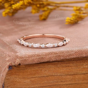 Marquise cut Moissanite wedding band Vintage Rose gold ring Half eternity diamond ring Dainty Bridal wedding ring Promise Anniversary ring