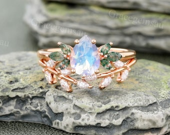 Pear shaped Moonstone engagement ring set Vintage Rose gold Moss agate Bridal set Marquise cut Moissanite Leaf wedding band promise ring