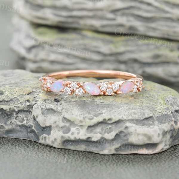 Marquise cut Opal wedding band Unique Rose gold Half eternity wedding band Vintage Moissanite wedding ring Diamond Bridal ring Promise ring