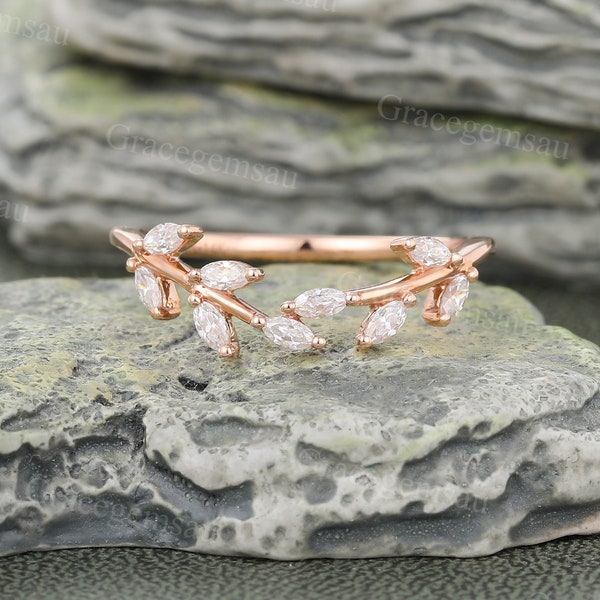 Branch Moissanite Curved wedding band Unique Rose gold Leaf Wedding band Marquise cut Diamond ring Bridal Stacking ring Anniversary ring