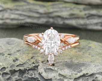 Oval shaped Moissanite engagement ring set Vintage Rose gold Bridal ring set Marquise cut Diamond Curved wedding ring promise ring for women