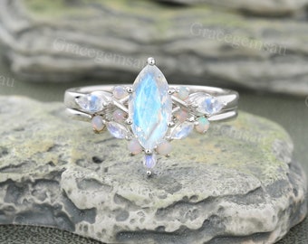 Marquise cut Moonstone verlovingsring set 14k Witgoud Opal Promise ring Vrouwen Unieke Marquise cut Moonstone Bruidstrouwring set