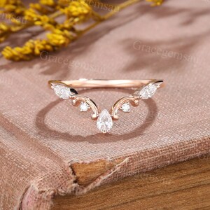 Pear shaped Moissanite Curved wedding band Vintage Rose gold Bridal stacking band Antique V shaped ring Anniversary ring