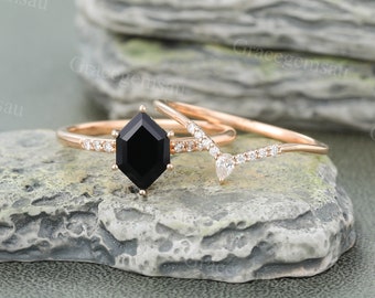 Hexagon cut Black onyx engagement ring set Vintage Rose gold Bridal ring set Pear cut Moissanite Curved wedding band promise ring for women