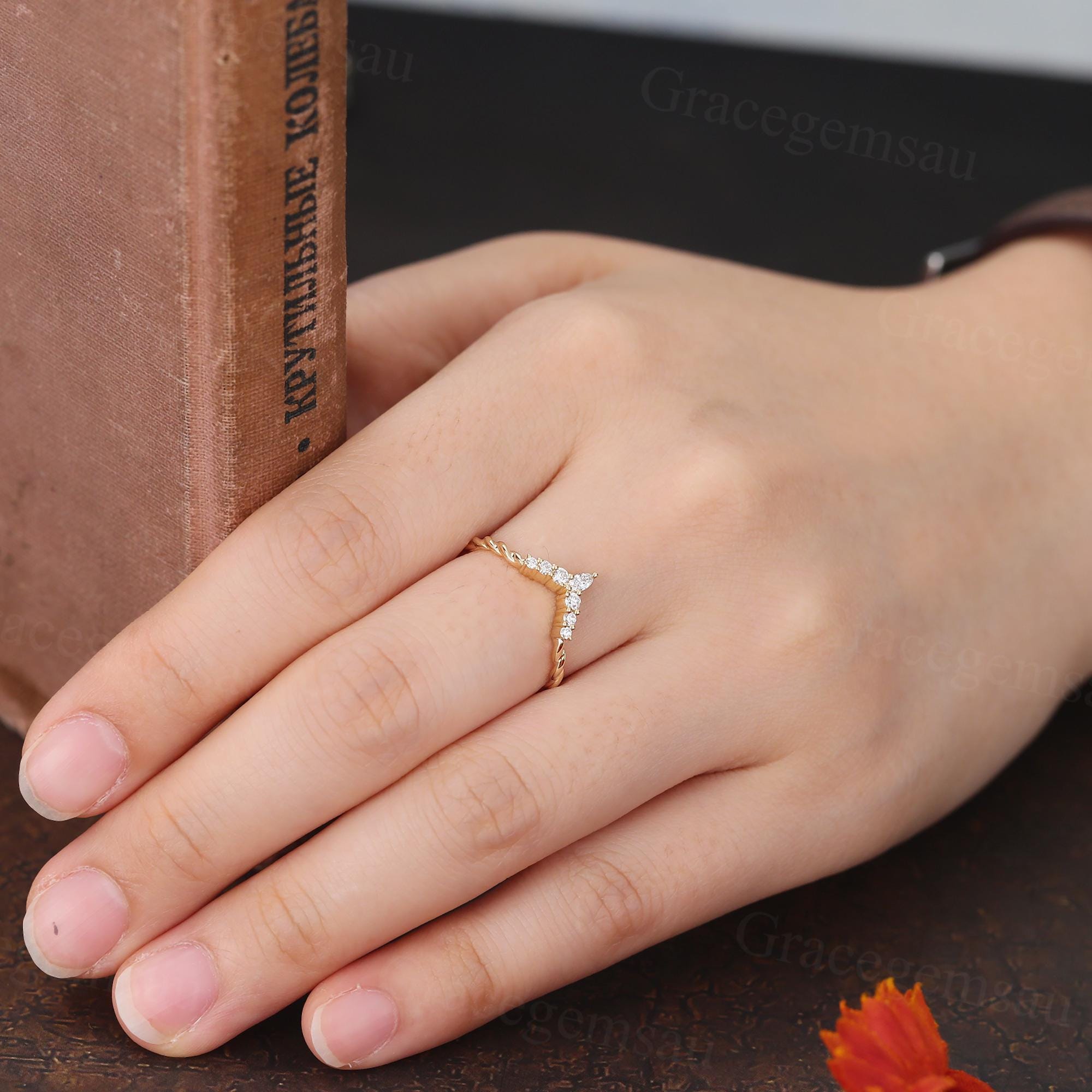 Marquise Cut Moissanite Curved Wedding Band 14K Yellow Gold 3/4 ...