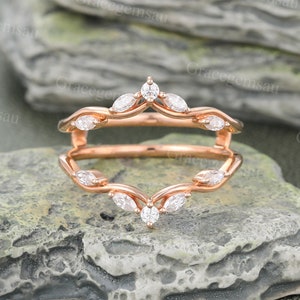Diamond Enhancer wedding band Unique Rose gold Double Curved Wedding band Marquise Moissanite Matching ring Stacking ring Bridal Guard band