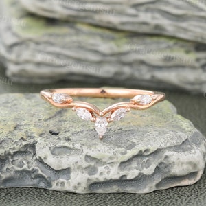 Pear cut Diamond Curved wedding band Unique Rose gold wedding band Vintage moissanite Bridal engagement band Stacking Matching promise ring