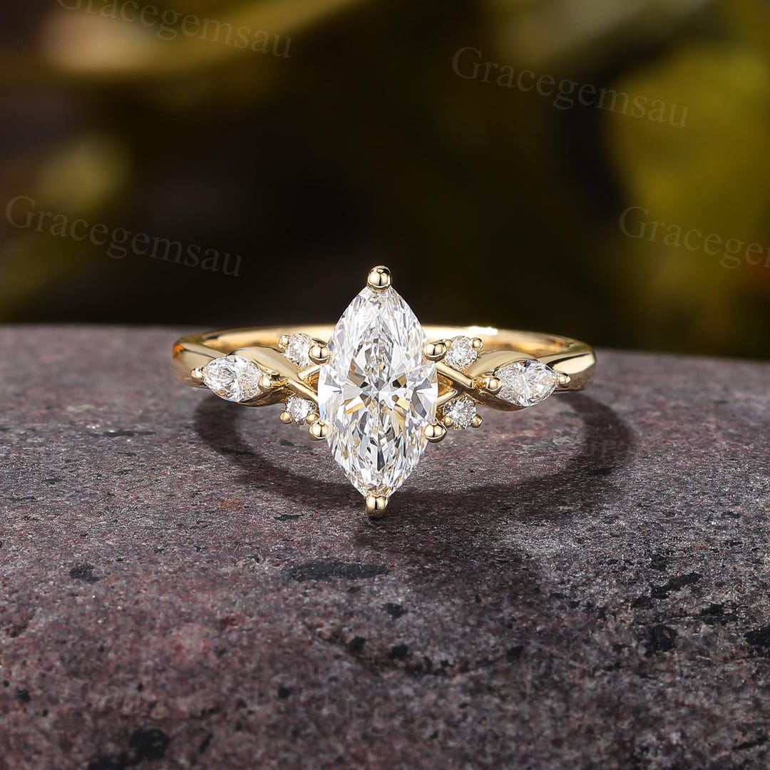 Marquise Cut Lab Grown Diamond Engagement Ring Yellow Gold Heirloom ...