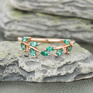 Marquise cut Emerald Curved wedding band Unique Rose gold Leaf Wedding band Nature inspired ring Bridal Stacking ring Anniversary ring