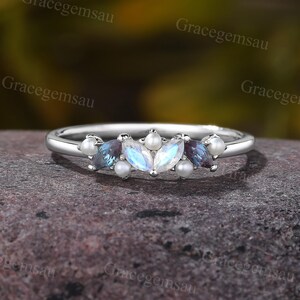 Marquise cut Moonstone wedding band White gold Alexandrite ring Vintage Round cut Pearl ring Art deco Bridal Stacking ring Anniversary ring