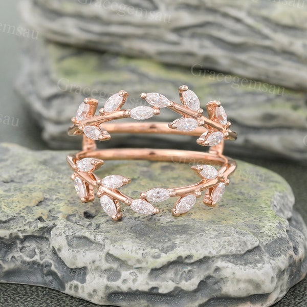 Moissanite Double wedding band Unique Leaf Rose gold Curved Wedding band Marquise cut Diamond Enhancer ring Stackable band Bridal Guard band