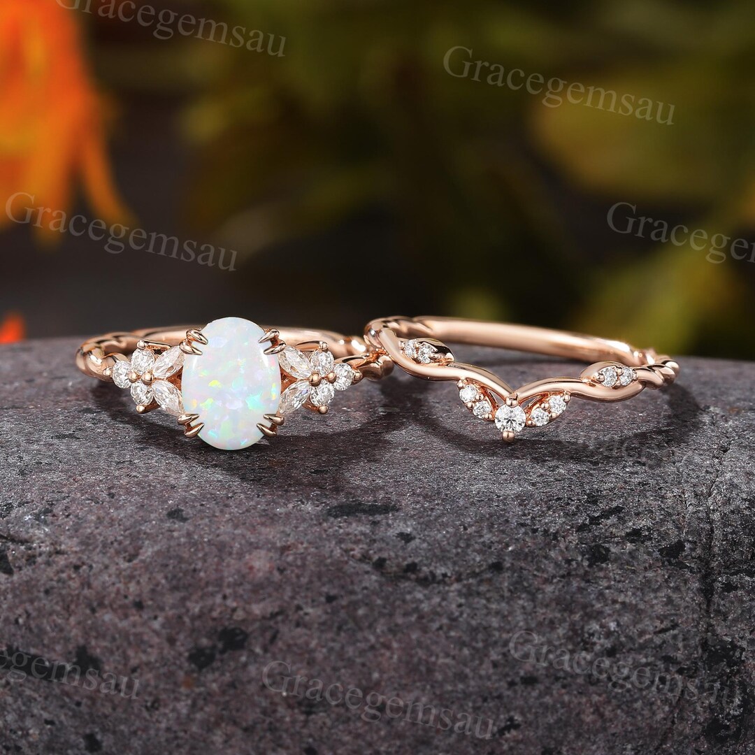 Matching Opsite Rings Oval Cut Lab Opal Engagement Ring Set Rose Gold Cluster Marquise ...