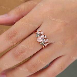 Pear shaped Morganite engagement ring set Vintage Rose gold Moss agate Bridal set Marquise cut Moissanite Leaf wedding band promise ring image 3