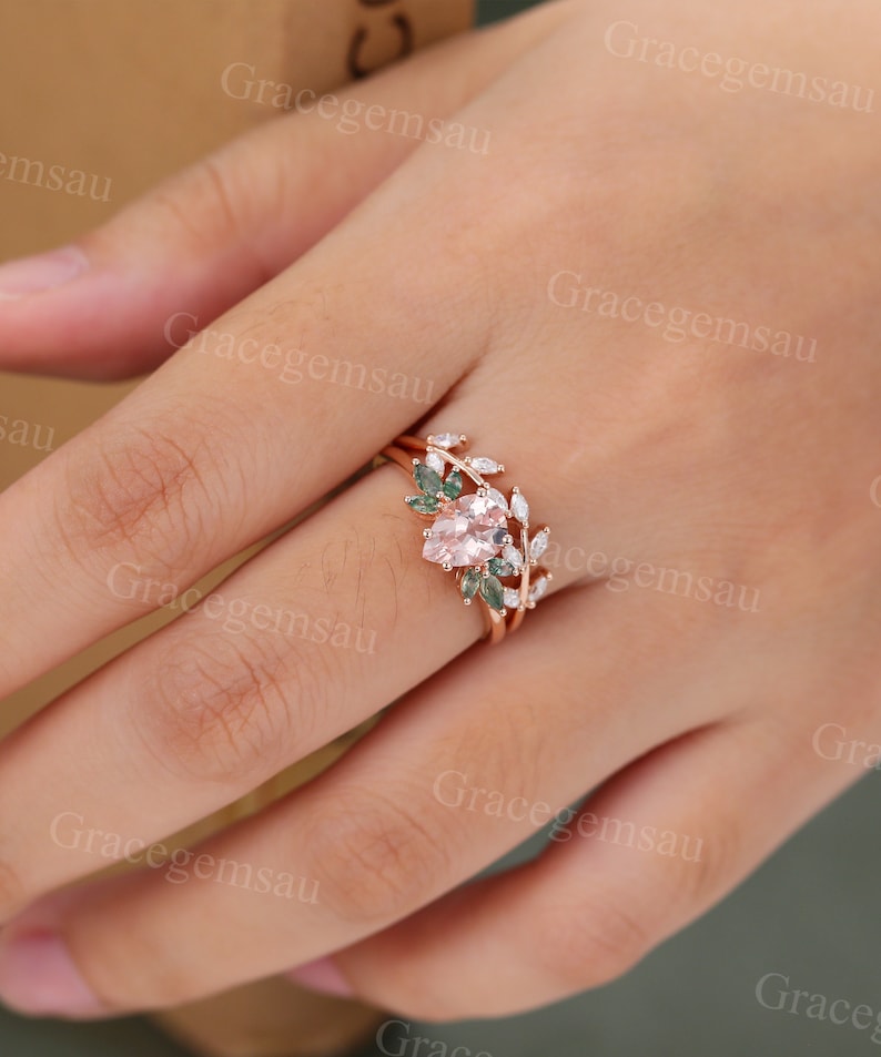 Pear shaped Morganite engagement ring set Vintage Rose gold Moss agate Bridal set Marquise cut Moissanite Leaf wedding band promise ring image 3