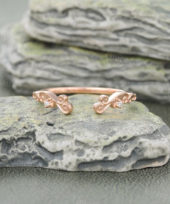 Filigree Wedding Band Vintage Rose Gold Diamond Ring Unique Open
