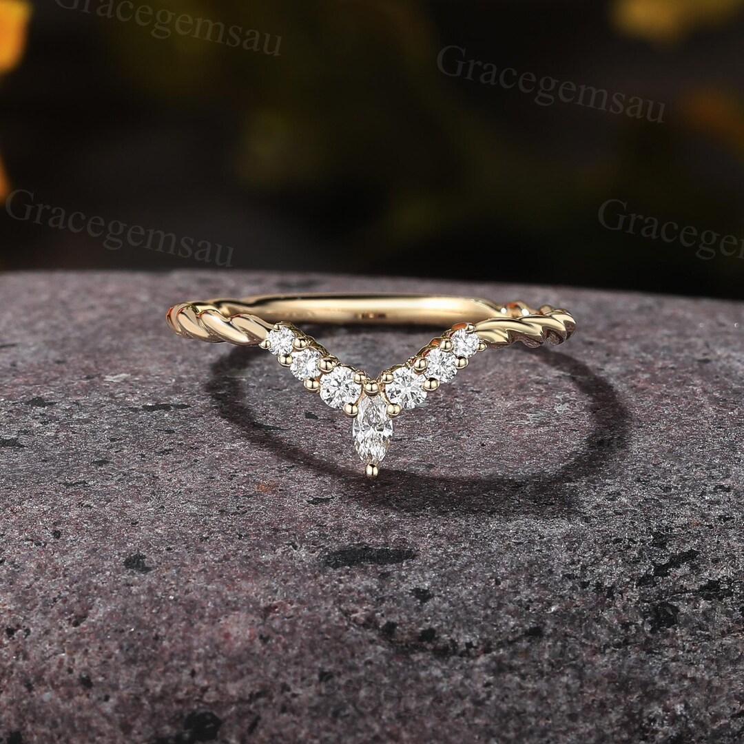 Marquise Cut Moissanite Curved Wedding Band 14K Yellow Gold 3/4 ...