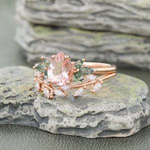 Pear shaped Morganite engagement ring set Vintage Rose gold Moss agate Bridal set Marquise cut Moissanite Leaf wedding band promise ring image 4