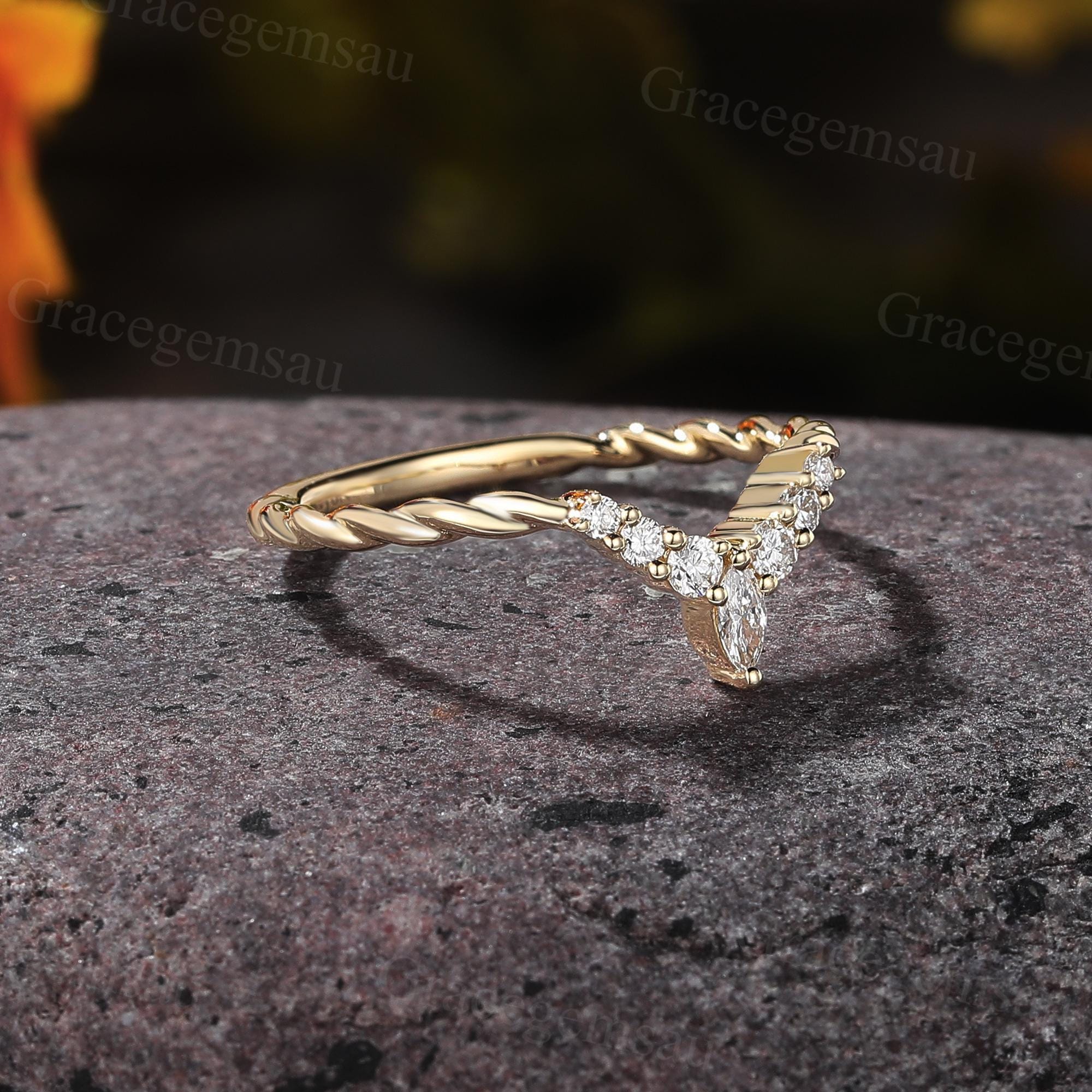 Marquise Cut Moissanite Curved Wedding Band 14K Yellow Gold 3/4 ...