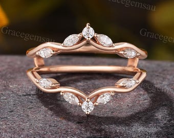 Enhancer wedding band Unique Rose gold Double Curved Wedding band Marquise Moissanite Matching ring Stacking ring Bridal Guard band