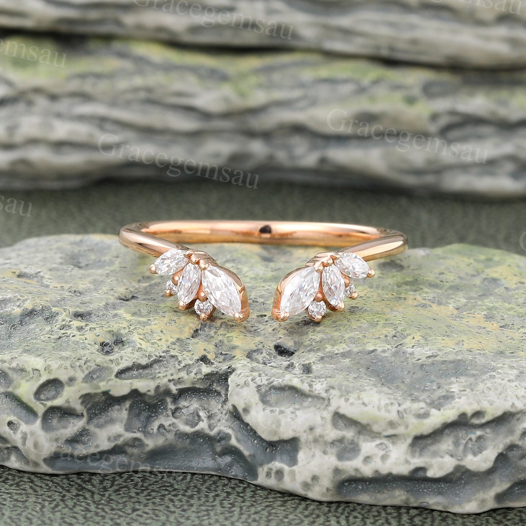 Marquise Cut Open Curved Wedding Band Unique Rose Gold Moissanite ...