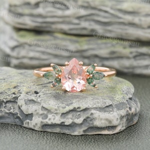 Pear shaped Morganite engagement ring set Vintage Rose gold Moss agate Bridal set Marquise cut Moissanite Leaf wedding band promise ring 1Pc Main ring