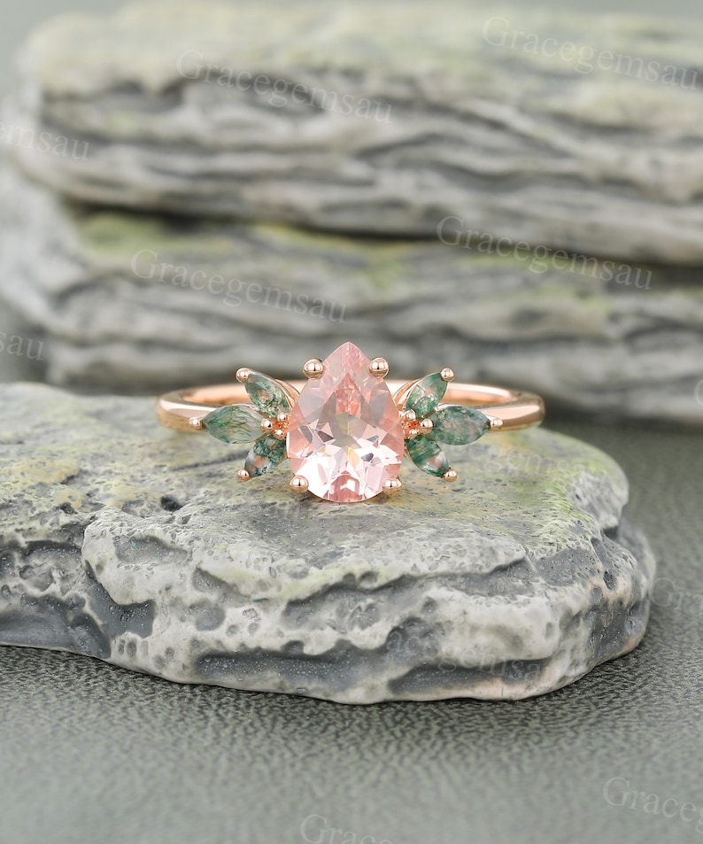 Pear shaped Morganite engagement ring set Vintage Rose gold Moss agate Bridal set Marquise cut Moissanite Leaf wedding band promise ring 1Pc Main ring