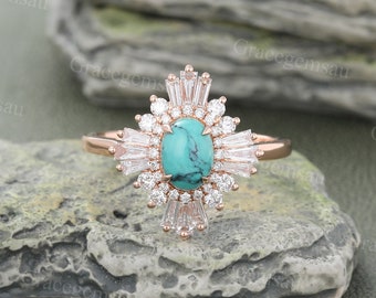 Oval cut turquoise ring Vintage Rose gold engagement ring Baguette cut CZ ring Art deco Double Halo ring Bridal Promise Anniversary ring