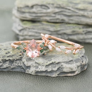 Pear shaped Morganite engagement ring set Vintage Rose gold Moss agate Bridal set Marquise cut Moissanite Leaf wedding band promise ring image 2