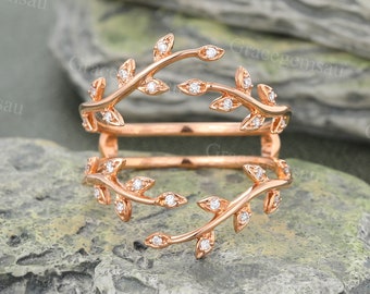 Vintage Moissanite Double Curved wedding band Rose gold Diamond Leaf Branch ring Enhancers and Wraps Stacking Matching Promise Wedding Ring