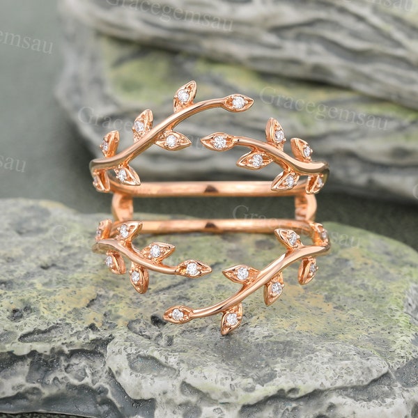 Vintage Moissanite Double Curved wedding band Rose gold Diamond Leaf Branch ring Enhancers and Wraps Stacking Matching Promise Wedding Ring
