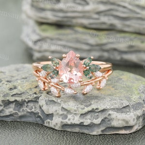 Pear shaped Morganite engagement ring set Vintage Rose gold Moss agate Bridal set Marquise cut Moissanite Leaf wedding band promise ring image 1