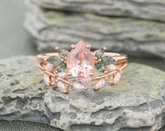 Peervormige Morganite verlovingsring set Vintage Rose goud Moss agaat Bruidsset Marquise gesneden Moissanite Leaf trouwring belofte ring