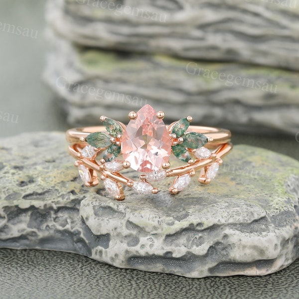 Anillo de compromiso Morganite en forma de pera conjunto Vintage oro rosa Moss ágata Conjunto nupcial Marquise corte Moissanite Leaf alianza de boda anillo de promesa