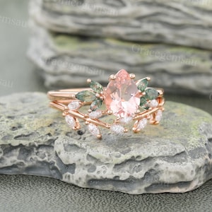 Pear shaped Morganite engagement ring set Vintage Rose gold Moss agate Bridal set Marquise cut Moissanite Leaf wedding band promise ring image 5