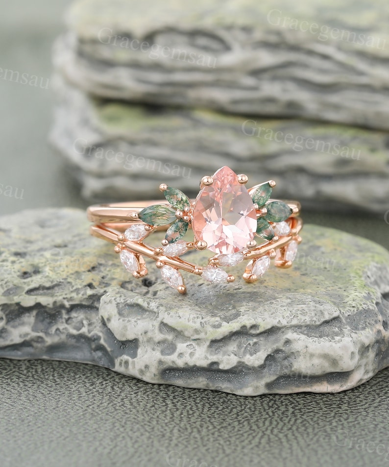 Pear shaped Morganite engagement ring set Vintage Rose gold Moss agate Bridal set Marquise cut Moissanite Leaf wedding band promise ring image 5