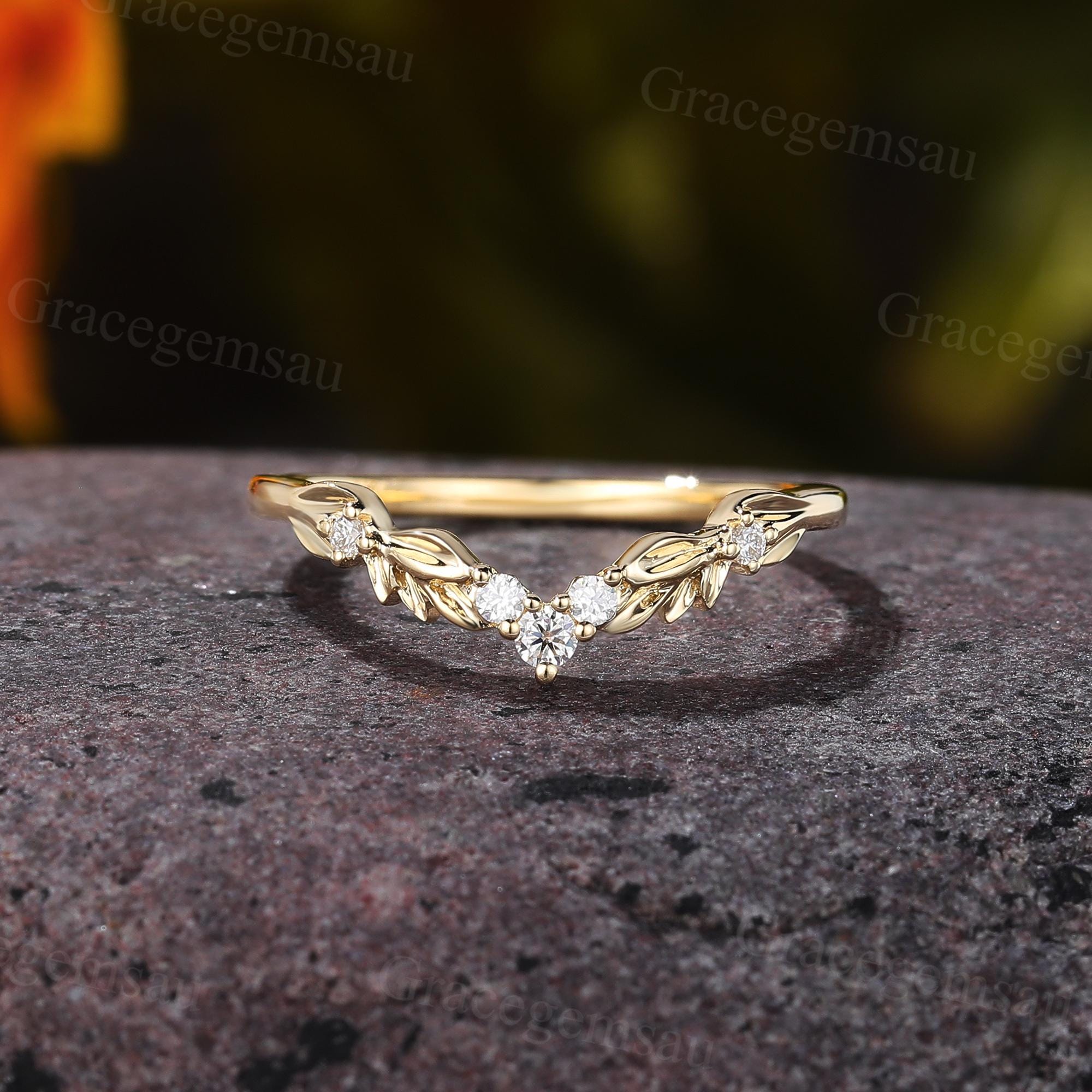Vintage Moissanite Curved Wedding Band Yellow Gold Leaf Diamond Bridal ...