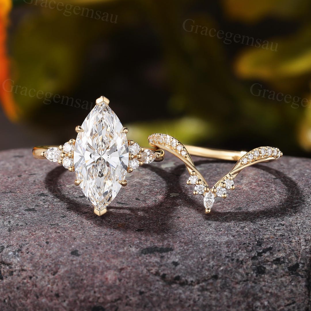Marquise Lab Grown Diamond Engagement Ring Set Yellow Gold Cluster V ...