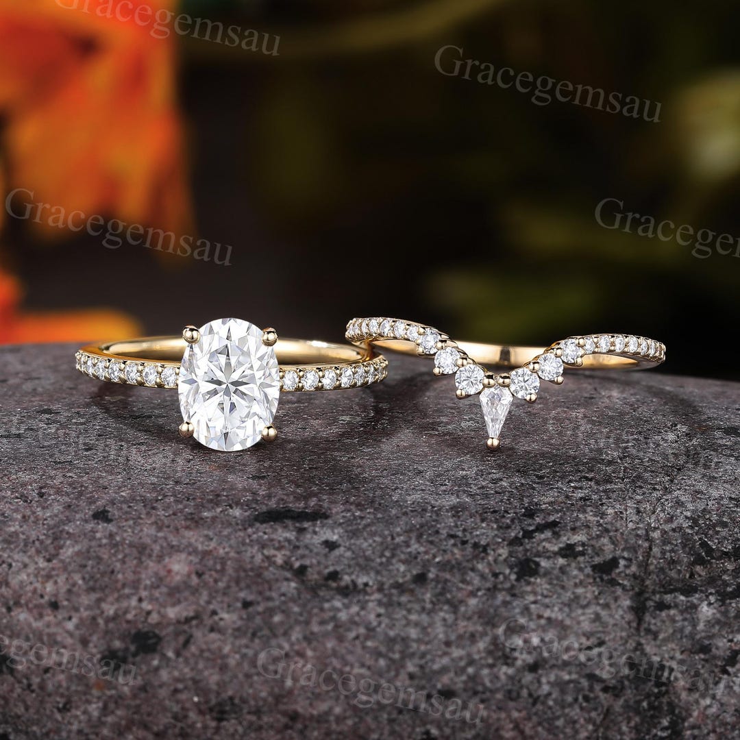 Oval Cut Moissanite Engagement Ring Set Yellow Gold Micro Pave ...