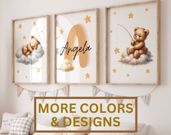 Set of 3 Teddy Bear Custom Nursery Wallart Print; Personalized Name Teddy Bear Nursery Decor; Personalized Nursery Decore Wall Art Print