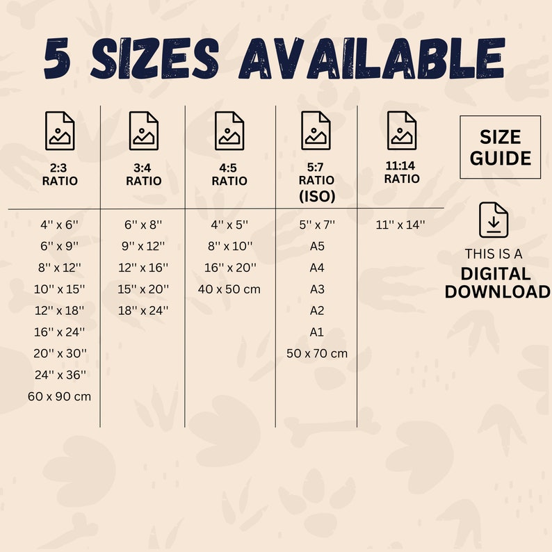 May include: A chart showing 5 different sizes available for digital downloads. The chart shows the ratio of the sizes, the dimensions in inches, and the equivalent metric measurements in centimeters. The text "This is a digital download" is also included.